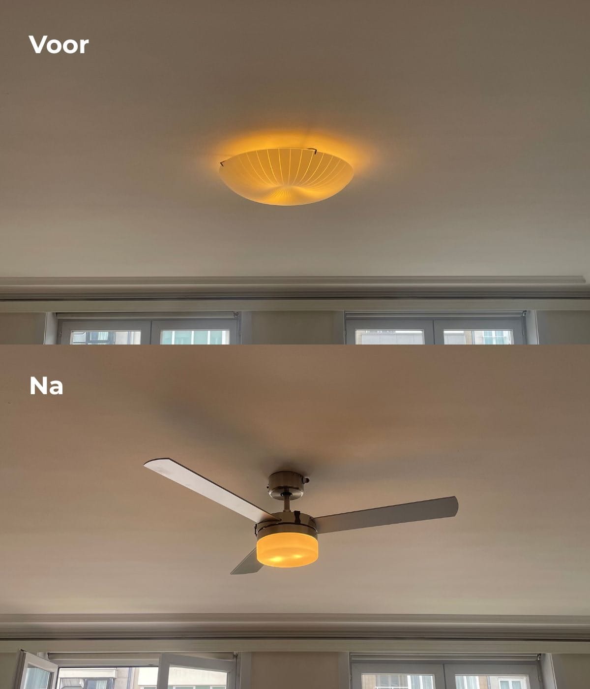Voor-en-na collage van een woonkamer, waarbij een oude lamp is vervangen door een moderne plafondventilator die zorgt voor licht en verkoeling.