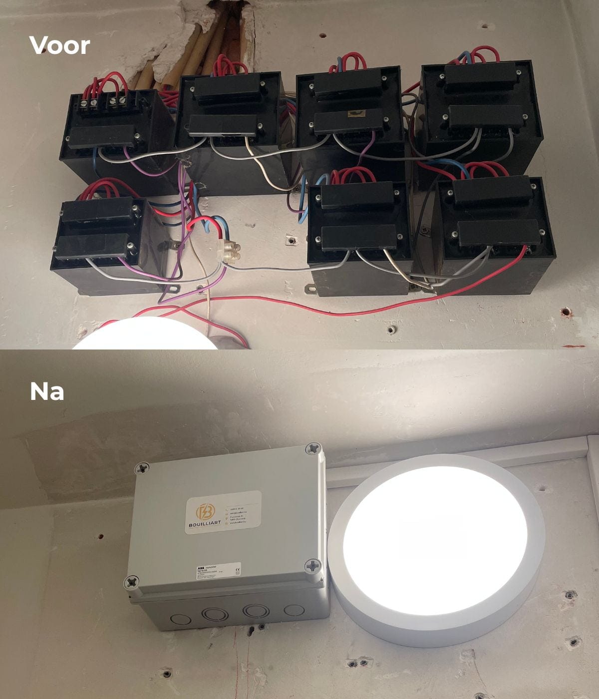 Voor-en-na foto van een verlichting ombouw, waarbij storende 12V-transformators zijn verwijderd voor een strakke en betrouwbare 230V-installatie.