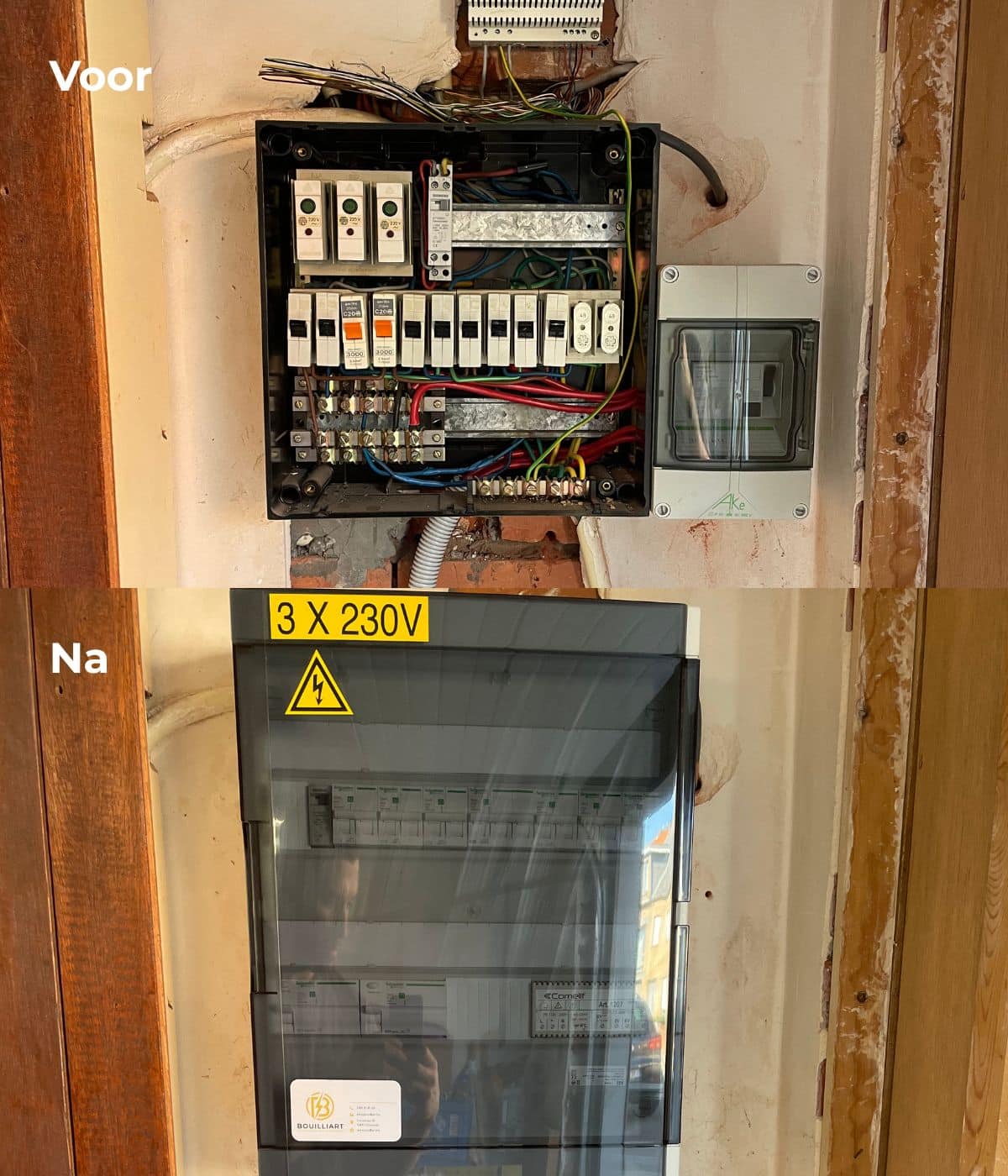 Voor-en-na collage van een zekeringkast, die de transformatie van een onveilige, verouderde installatie naar een moderne en gekeurde kast toont.