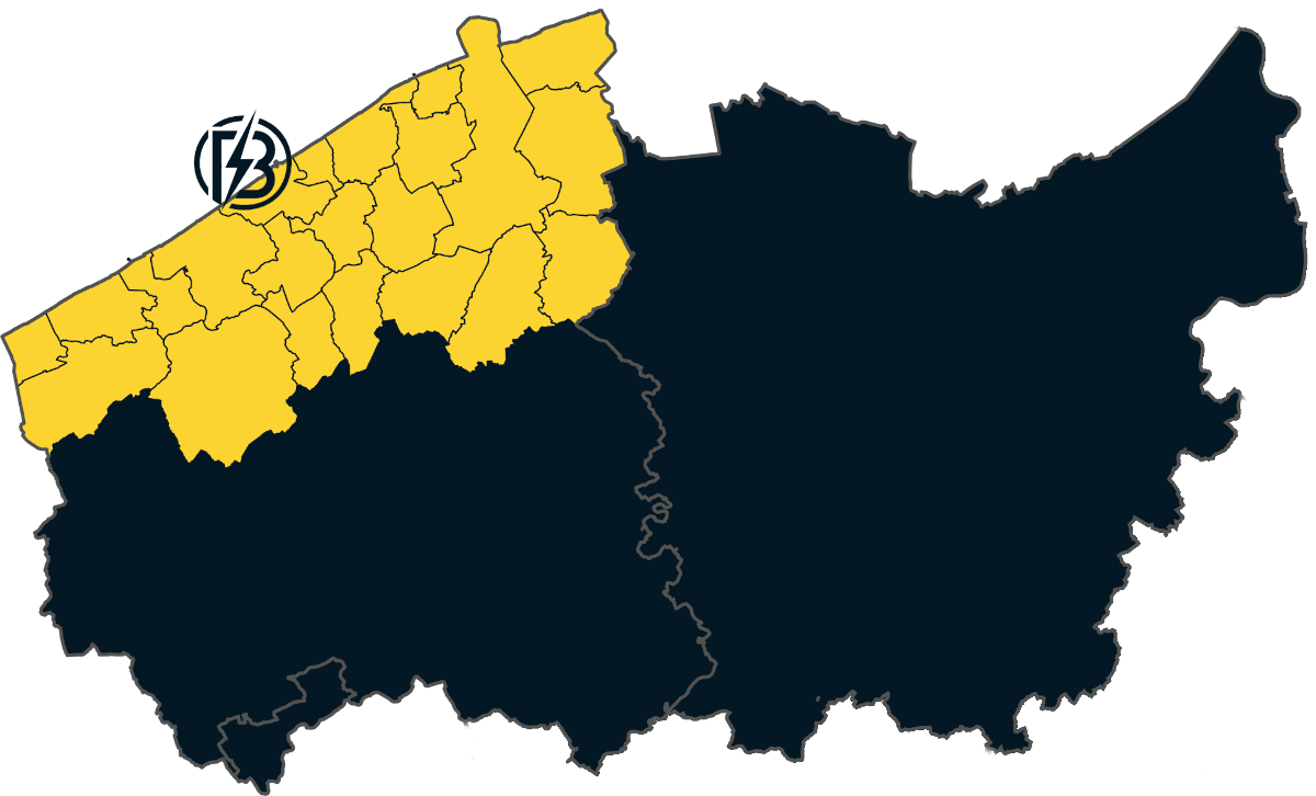 Kaart van het werkgebied van Elektricien Bouilliart, gecentreerd rond thuisbasis Oostende en de kustregio.